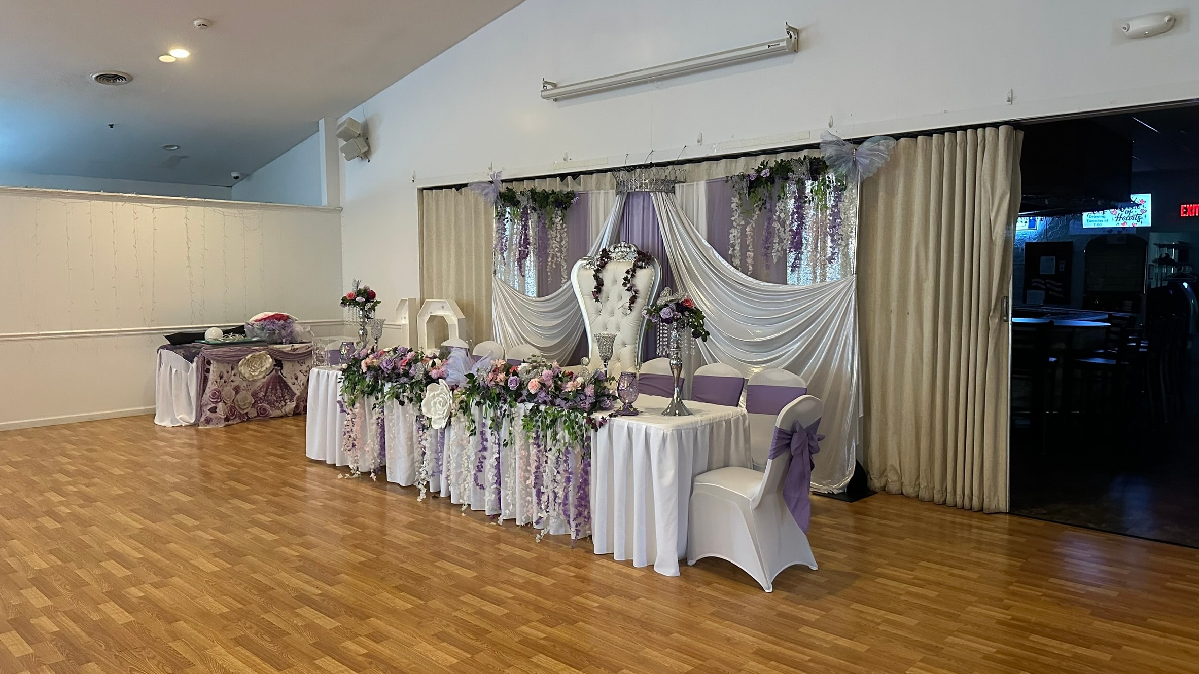 Banquet room decorated for a reception